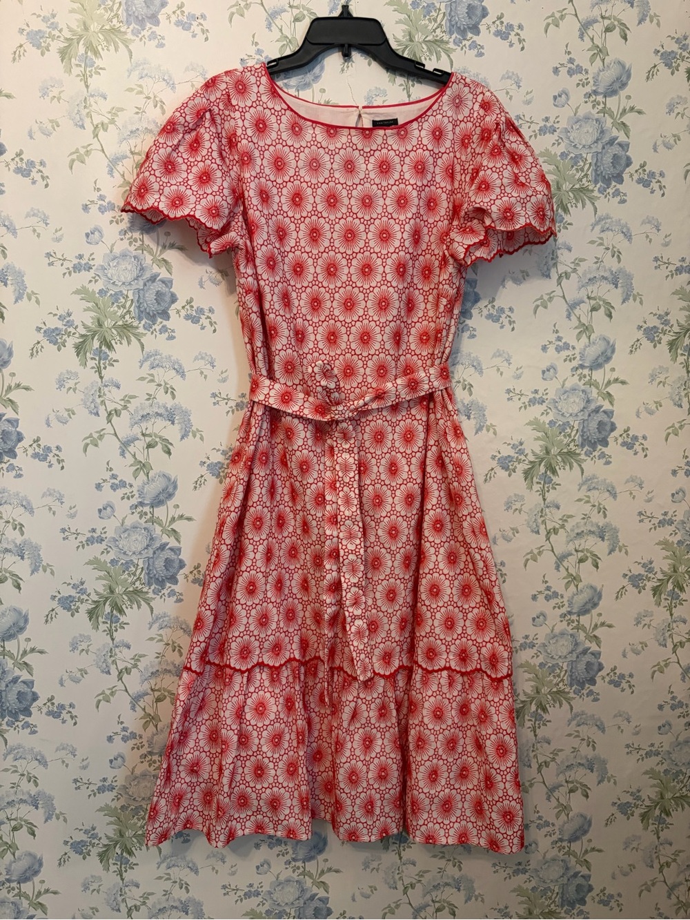 Ann Taylor Red and White Floral-Geo Midi Dress